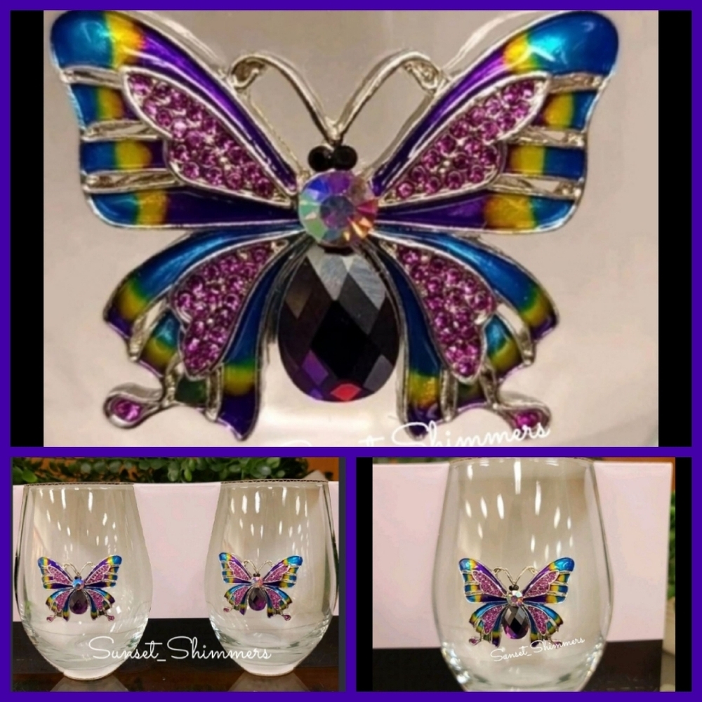 Rachel Zoe Jeweled Purple Butterfly Stemless Wine Sangria Cocktail Glass Set NEW